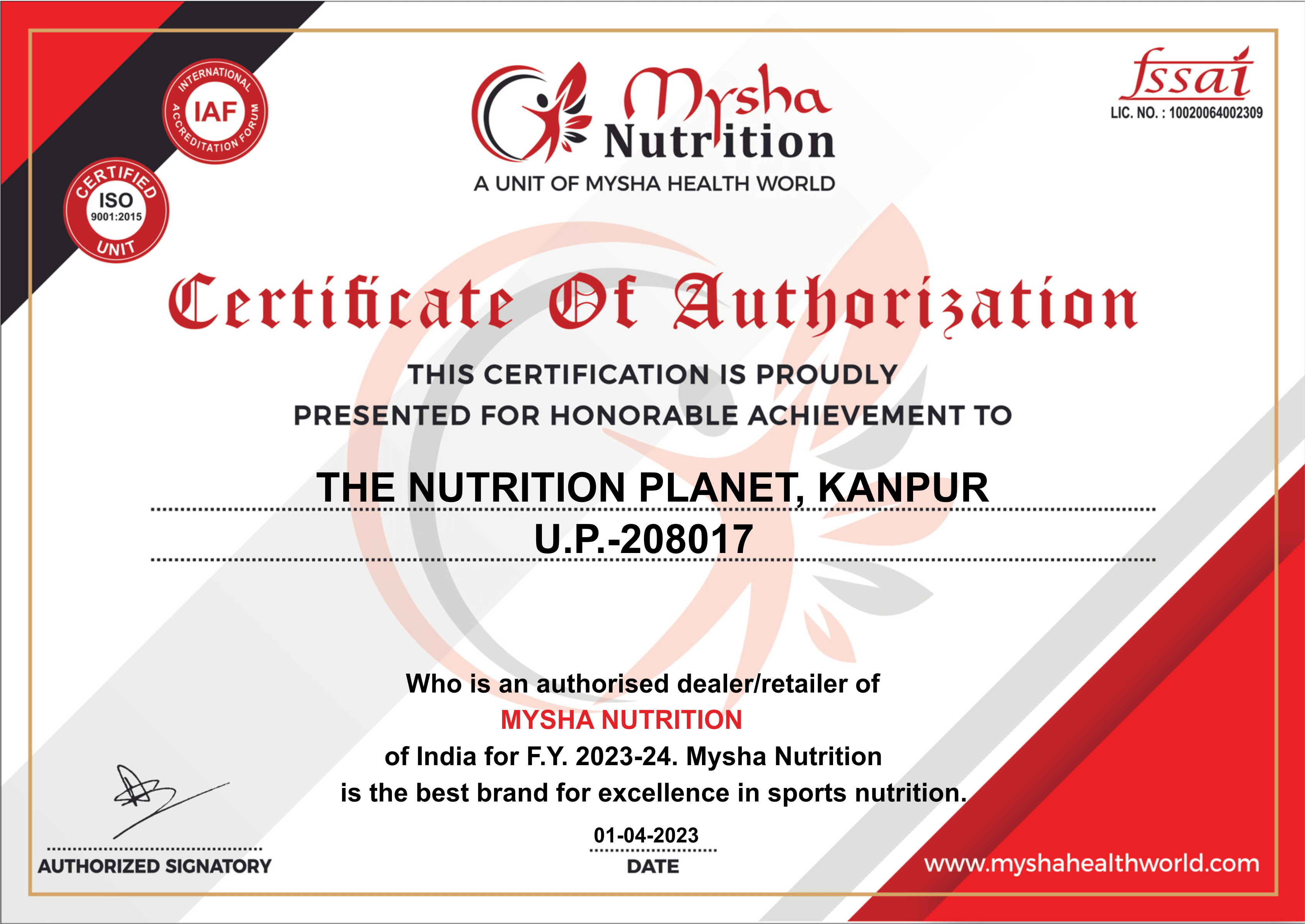 Authorized Dealer Certificate From Mysha Nutrition india